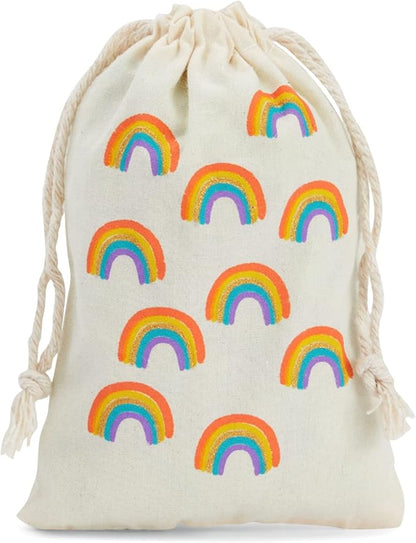 Juvale Rainbow Canvas Bags - 4 x 6 In, Pack of 12 - Mini Canvas Drawstring Bags for Kids & Party Favors - Rainbow Design
