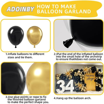 Black and Gold Balloon Arch Kit, 140Pcs Explosion Star Black and Metallic Gold Balloons 22 18 12 10 5 Inch Different Size Balloons for Birthday Anniversary Graduation New Year Decorations