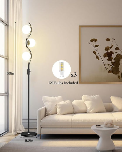 Lightdot 60IN Dimmable Black Floor Lamp Mid Century Standing Lamps with 3 Globe Soft Warm White 3000K Bulbs Included Modern Tall Lamp with 5Lbs Heavy Base for Living Room/Bedroom/Sofa Beside