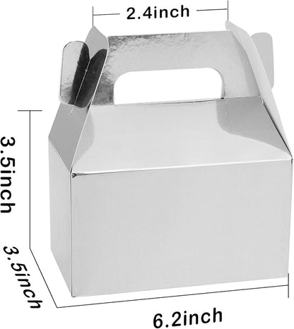 XAGLVV 24 Pack Silver Paper Gable Boxes with Handles, Treat Goodie Party Favor Gift Box for Wedding, Birthday, Baby Shower, Graduation