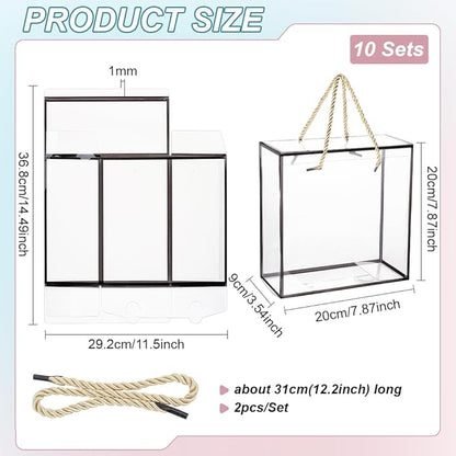 BENECREAT 10 Packs Clear PET Plastic Gift Box, 7.8x7.8x3.5 Inch Treat Gift Boxes with Black Border and Handle, Favor Box with Cord for Mother's Day, Birthday Party, Wedding Favours