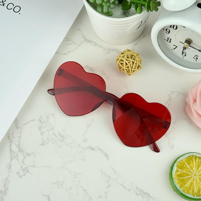 NACHLYNN 24 Pairs Red Heart Sunglasses for Women Rimless Heart Shaped Sunglasses Candy Color Glasses for Party Favors