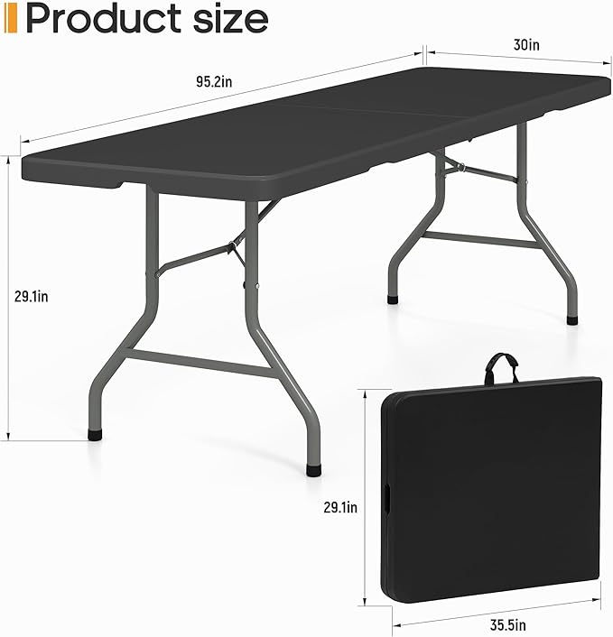 8Ft Foldable Table Portable Plastic Folding Table with Safety Locks, Lightweight & Durable for Parties, Dining, Weddings, Events, Picnics,Indoor & Outdoor Use (Black, 8FT)