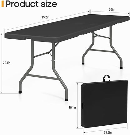 8Ft Foldable Table Portable Plastic Folding Table with Safety Locks, Lightweight & Durable for Parties, Dining, Weddings, Events, Picnics,Indoor & Outdoor Use (Black, 8FT)