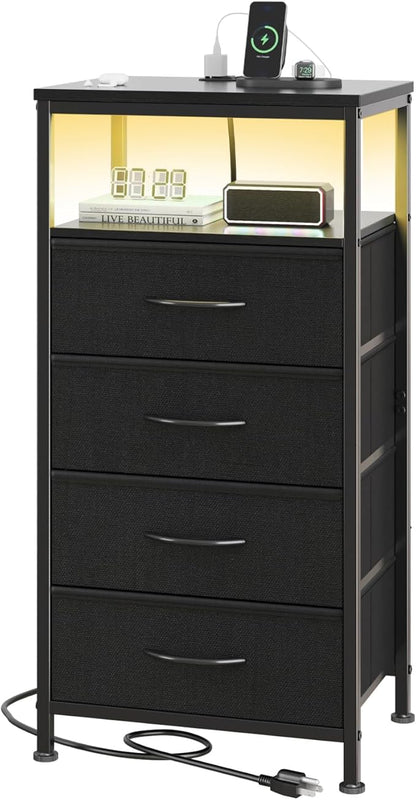 DUMOS Nightstand with Charging Station, LED Night Stand with 4 Fabric Drawers, Bedside End Table with USB/Type-C Ports and Outlets for Bedroom Furniture, Adjustable Feet, Black