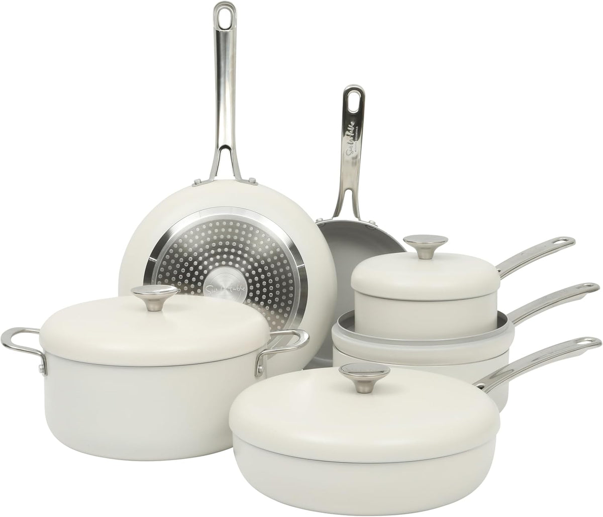 Sur La Table Kitchen Essentials Potluck Porch 10 Piece PFA Free Ceramic Non stick Interior Forged Aluminum Cookware Pots and Pans Set W/Aluminum Lids - Linen White - Induction Compatible