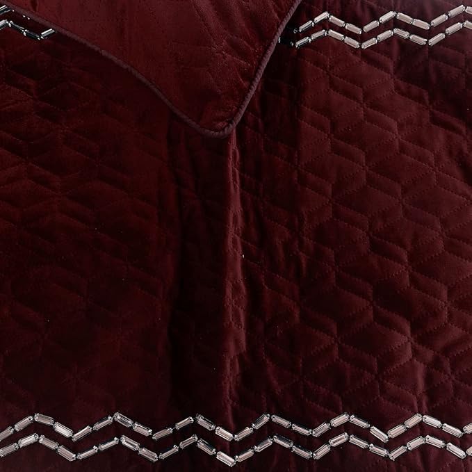 The HomeCentric King Queen Twin Deep Wine Designer Twin 53"x18" Bed Runner Without Pillow Cover, Quilted & Crystals Bed Scarf on Velvet Fabric - Diamond Symphony