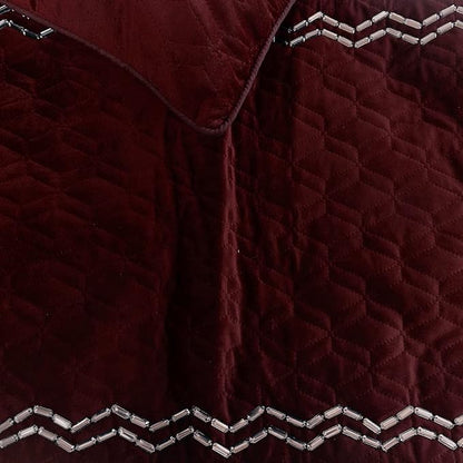 The HomeCentric King Queen Twin Deep Wine Designer Twin 53"x18" Bed Runner Without Pillow Cover, Quilted & Crystals Bed Scarf on Velvet Fabric - Diamond Symphony