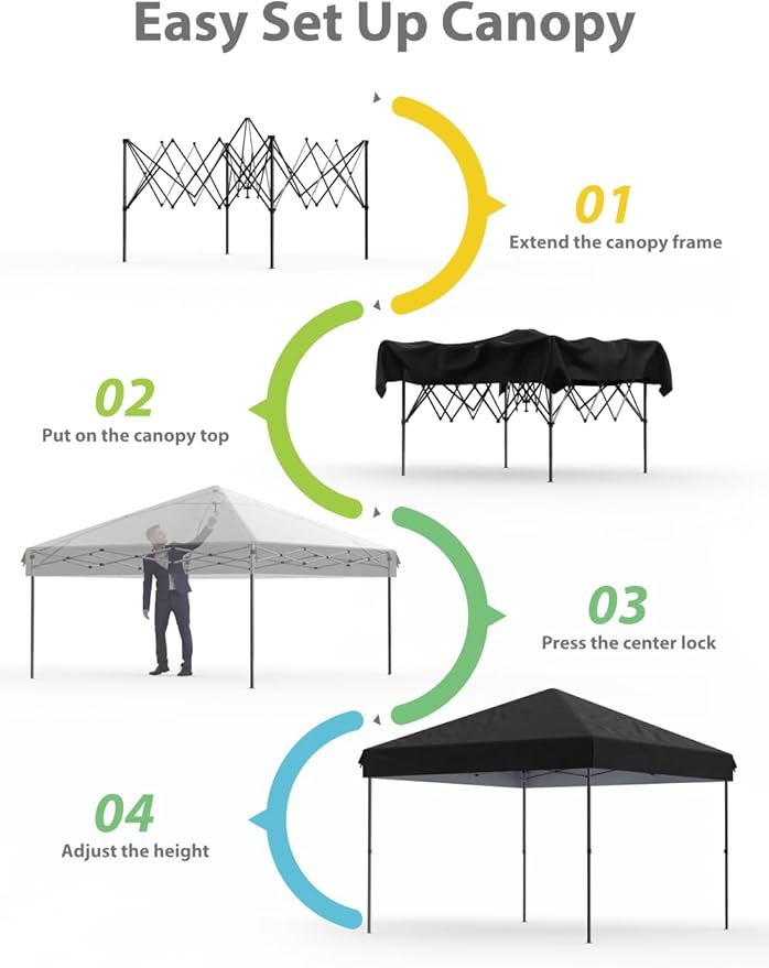 10x10 Pop Up Canopy with Removable 4 Sidewalls - Easy Up Camping Tent with One Button Push Setup - 1 Roller Bag, 3 Adjustable Height, 4 Weight Bags for Deck, Garden, Sports, Beach, Party - Black