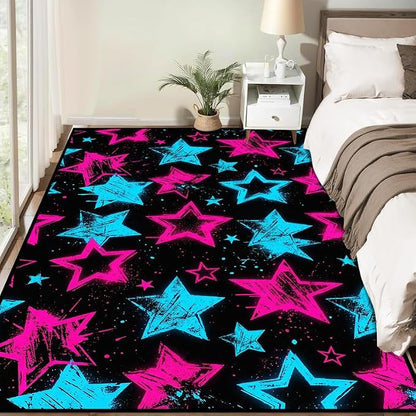 6'x9' Neon Star Area Rug Black Pink and Blue Floor Mat Abstract Star Print Rugs Washable Non-Slip Carpet for Bedroom Living Room Nursery Kitchen Playroom Home Decor