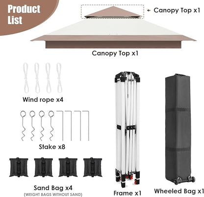 Arlopu Pop Up Canopy Tent with 1-Person Set up, Camping Instant Durable Shelter, Outdoor Gazebo Beach Shade with Wheeled Bag, 4 Sand Bags for Weight (Khaki, 13FTX13FT)