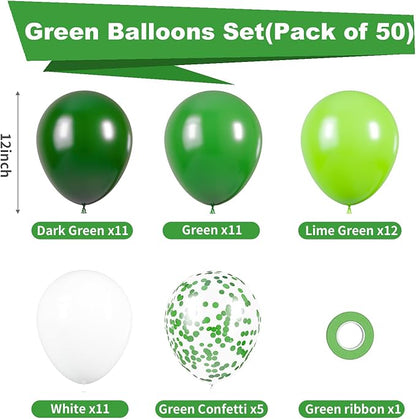 Green Balloons, 50pcs Dark Green and White Balloons, 12In Light Green Latex Balloon for St. Patrick's Day Jungle Forest Themed Birthday Decorations