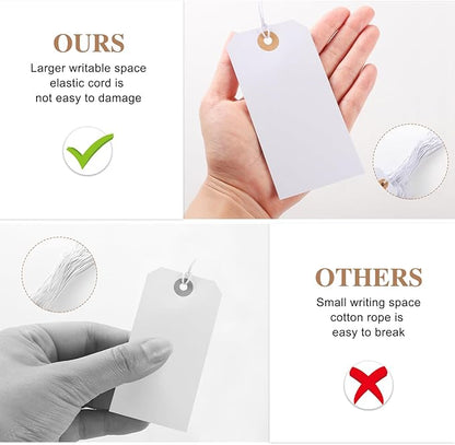 100pcs Large Price Tags with String Attached White Hang Paper Tags with Elastic String Reinforced Hole Writable Valentines Gift Tag Inventory Tag 4.76''×2.36''