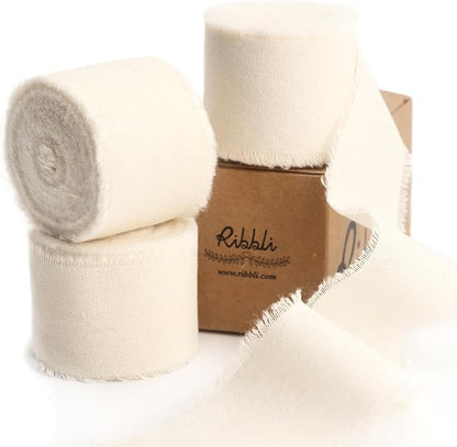 Ribbli 3 Rolls Ivory Ribbon 1.5 Inch x 18Yards Cream White Handmade Cotton Frayed Fringe Ribbons for Gift Wrapping Wedding Invites Bridal Bouquets Baby Shower DIY Crafts Home Decor