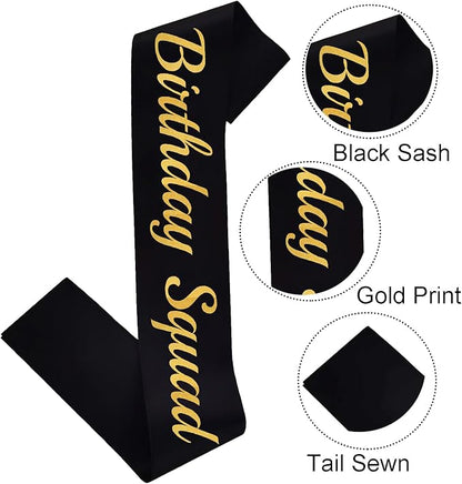 10 Pcs Birthday Squad Sash for Men or boys 16th, 18th 21st 30th 40th 50th 60th or Any Other Bday Party Supplies Decorations (Black+Gold)
