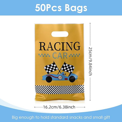 HappFestiv 50 Pcs Race Car Party Favor Bags, Checkered Flag Racing Goodie Bags, F1 Treat Bags Candy Bags, Racing Birthday Themed Party Supplies, Boys Gifts