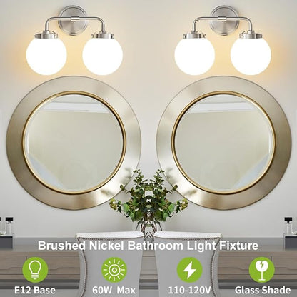 Bathroom Light Fixtures Over Mirror, Brushed Nickel Modern Vanity Lighting with Milk White Glass Globe Shades 2-Light Farmhouse Wall Sconce