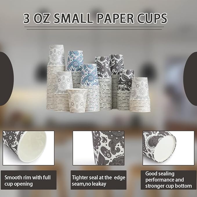 [300 Pack] 3 oz Disposable Paper Cups, Small Mouthwash 3 OZ Mini Bathroom Cups 3 Ounce for Supermarket, Birthday Party, Travel, Events, Picnic, BBQ (Paisley)