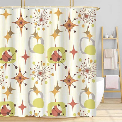 Mid Century Shower Curtain, 72x72inch, Modern Abstract Retro Yellow Striped Geometric Shower Curtain Sets 1950s Boho Bathroom Shower Curtain with 12 Hooks