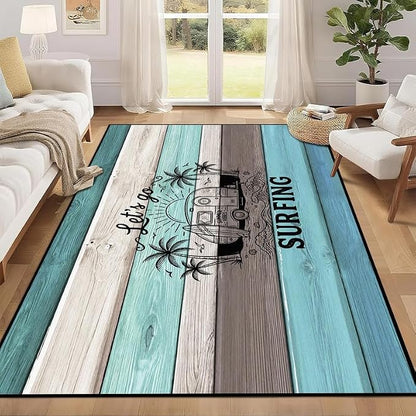 Surfing Area Rug Beach Van Palm Tree Carpet Retro Wood Grain Striped Rugs Non Slip Washable Floor Mat for Bedroom Living Room Nursery Playroom Classroom Home Decor,6'x9'