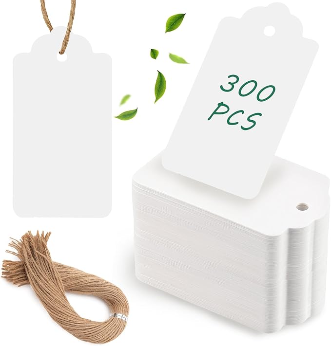 SallyFashion 300PCS Gift Tags with String Attached, 1.7 x 2.8 inch Kraft Paper Hang Tags for Clothes DIY Crafts Wedding Holiday (White)