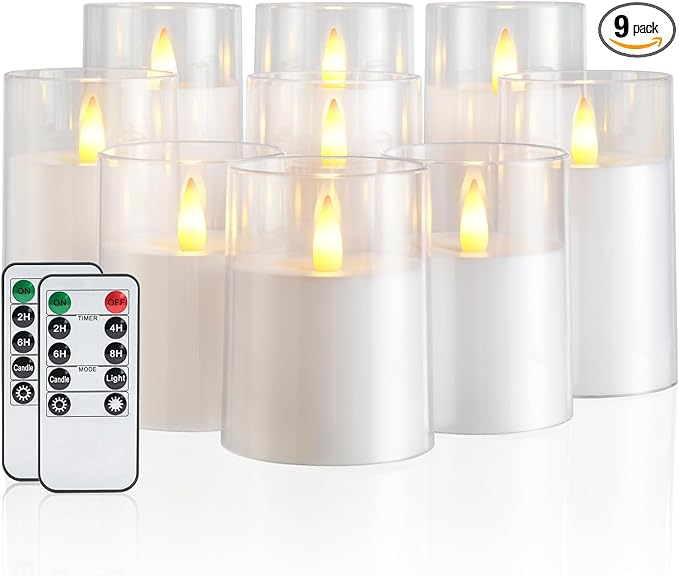 Amagic Led Flameless Candles with Remote and Timer,White Realistic Flickering Battery Operated Acrylic Pillar Fake Candles for Home Wedding Party Decor,Set of 9, D3×H4 4" 4" 5" 5" 5" 6" 6" 6"