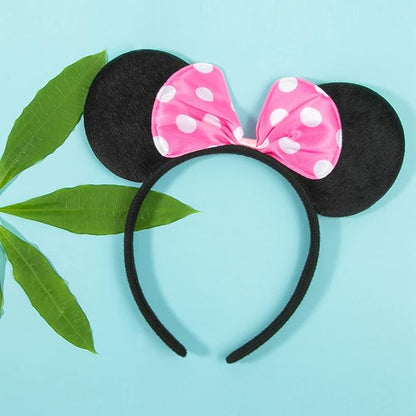 CHuangQi Mouse Ears Solid Black and Pink Bow Headband for Boys & Girls Birthday Party, Pack of 12