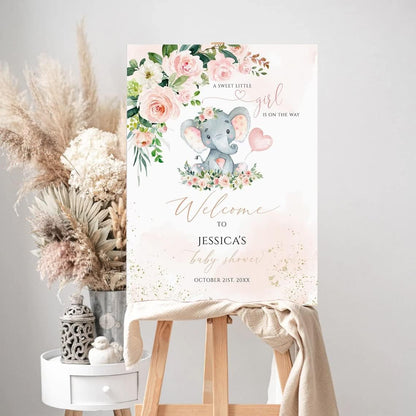Generic Personalized Elephant Baby Shower Welcome Sign, Pink Floral, 12x18, 24x18, 36x24, Polypropylene, Feminine, Baby Shower Decorations