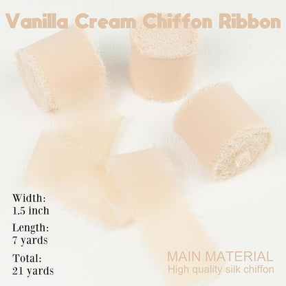 Vanilla Cream Chiffon Ribbon - 1-1/2 Inch x 21 Yards Handmade Fringe Silk Ribbon for Gift Wrapping, Wedding Invitation, Bridal Flower Bouquets