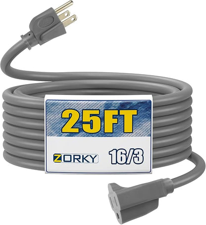 25ft Outdoor Extension Cord for Christmas Decorations - 16/3 Heavy Duty SJTW Waterproof Gray Electrical Cable with 3 Prong Grounded Plug for Safety, Great for Lawn and Major Appliances