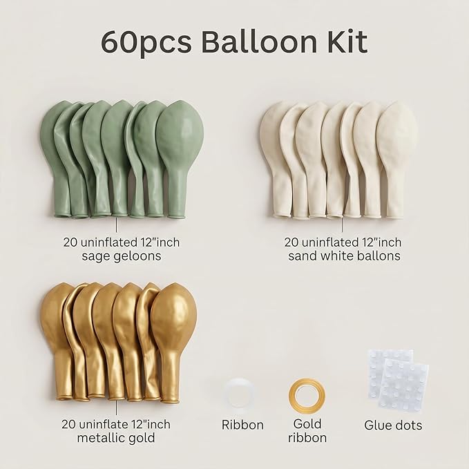 60pcs Sage Green and Gold Balloon Kit,12 Inch Eucalyptus Olive Green Cream & Metallic Gold Balloons for Boho Baby Shower, Bridal Wedding, Jungle Safari Birthday (with Ribbons & Glues)