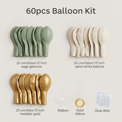 60pcs Sage Green and Gold Balloon Kit,12 Inch Eucalyptus Olive Green Cream & Metallic Gold Balloons for Boho Baby Shower, Bridal Wedding, Jungle Safari Birthday (with Ribbons & Glues)
