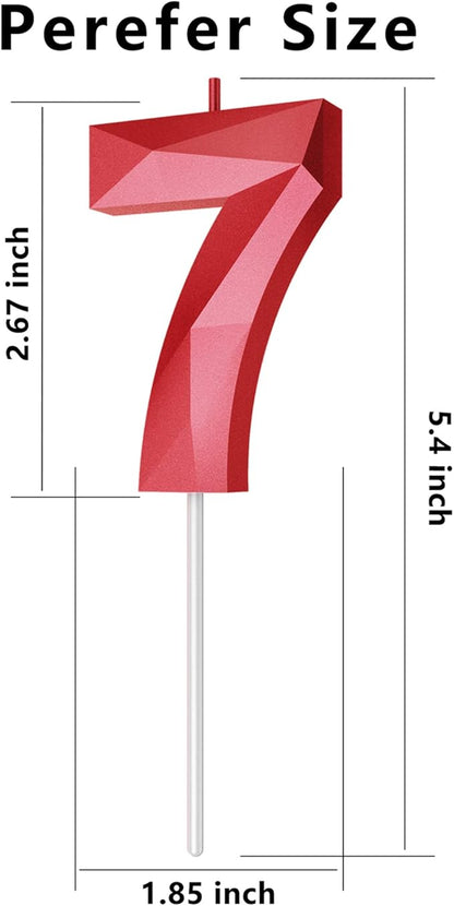 Number Birthday Candles(7 Candle Red) 3D Diamond Shape Number Happy Birthday Cake Candles for Birthday Party Wedding Decoration Reunions Theme Party