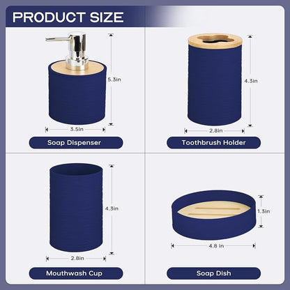 4 Pieces Bamboo Bathroom Accessories Set, Bathroom Accessory Set with Soap Dispenser and Toothbrush Holder, Soap Dish and Toothbrush Cup, Boho Bathroom Décor(Navy Blue)