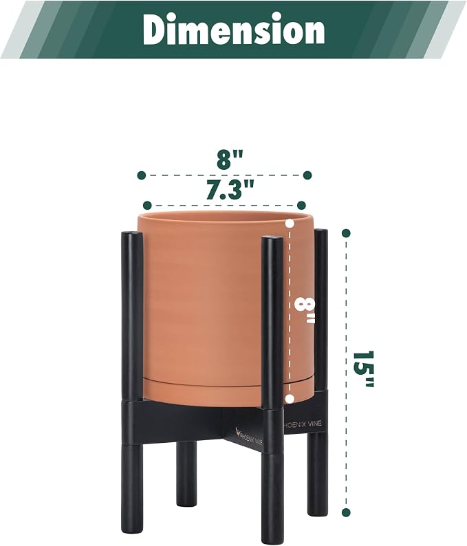 D'vine Dev Terracotta Planter with Ebony Stand - 8 Inch Modern Round Flower Pot with Wood Planter Holder, Terracotta, 55-B-M-5