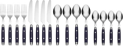 Cambridge Silverware Set, Jubilee Blue 16-Piece Flatware Set, Service For 4, 18/0 Stainless Steel, Knives Spoons And Forks Sets, Dishwasher Safe, Home And Kitchen Utensils (Black/Silver, 16 Piece)