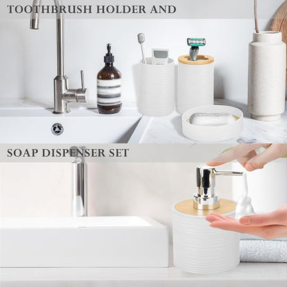 4 Pieces Bamboo Bathroom Accessories Set, Bathroom Accessory Set with Soap Dispenser and Toothbrush Holder, Soap Dish and Toothbrush Cup, Boho Bathroom Decor(White)