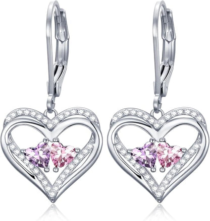 Valentines Day Gifts for Women, Heart Leverback Earrings Double Birthstone Dangle Earrings for Women, Love Jewelry for Her, Anniversary Birthday Gift for Mom Wife Girlfriend