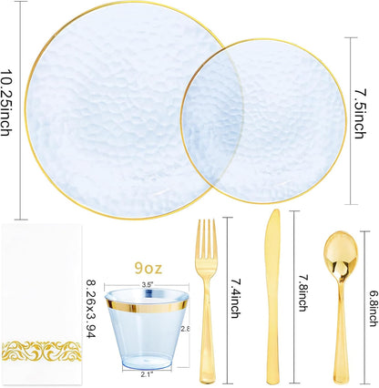 Rubtlamp 350 Pcs Clear Blue Plastic Plates, Blue Gold Plastic Dinnerware Set (50 Guests), Blue Disposable Plates With Gold Rim, Hammered Party Plates Set for Christmas Wedding And Party