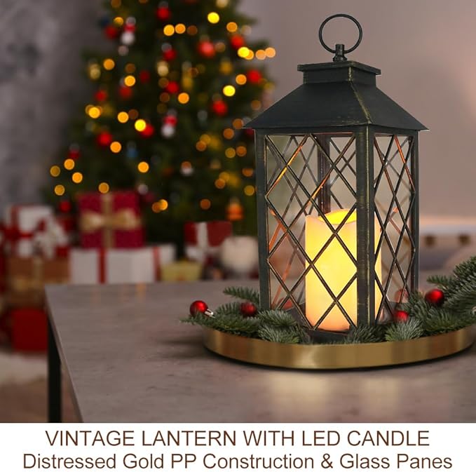 13.5" Outdoor Candle Lantern Decorative with LED Pillar Candle Battery Powered (Distressed Gold, 6hr Timer) - IP44 Waterproof Decorative Tabletop Lanterns Hanging Lanterns Indoor Outdoor