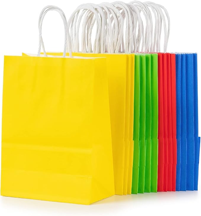 MISU Paper Bags Party Favor Bags Kraft Paper Gift Bags with Handle, Small, 8.3x5.9x3.2 Inches, 16-Pack (Red, Blue, Yellow, Green)