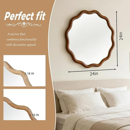 24" Wavy Edge Round Mirror, Solid Wood Framed Wall Decor with Clear Reflection for Bathroom, Bedroom, Living Room & Entryway (Dark Walnut)