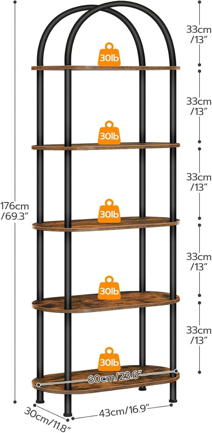 HOOBRO 5 Tier Open Bookshelf, Industrial Arched Bookcase Display Shelf Rack