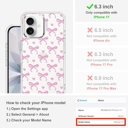 MOSNOVO for iPhone 17 Case | Military Grade 6.6ft Drop Tested | Camera Control | Clear with Bowtiful Love Design