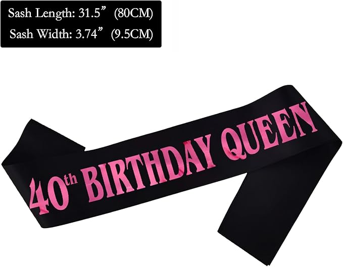 40th Birthday Queen Sash, Pink Foil Black Satin Birthday Sash for Women 40th Fabulous Birthday Party Gift Decorations Favors