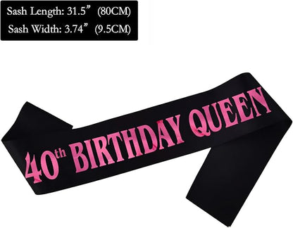 40th Birthday Queen Sash, Pink Foil Black Satin Birthday Sash for Women 40th Fabulous Birthday Party Gift Decorations Favors
