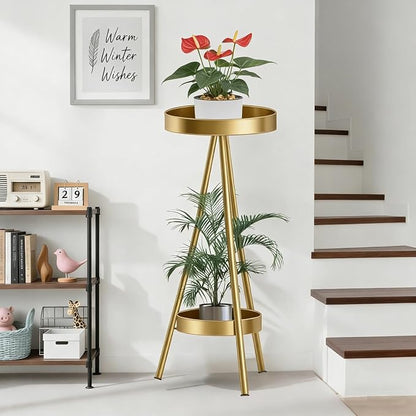 2 Tier Tall Plant Stand Indoor, 31.5" Gold Metal Modern Corner Flower Holder with Round Trays,Heavy Duty for Small Space, Bedroom & Balcony