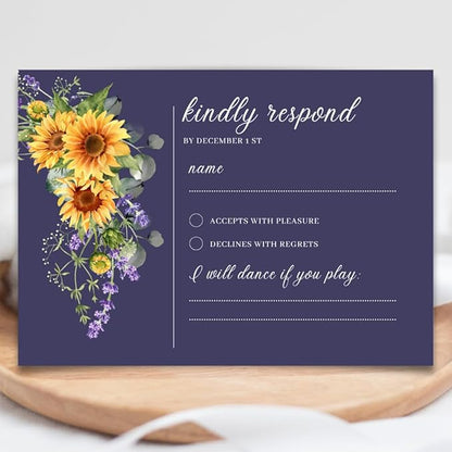 Preprinted Purple and Yellow Sunflower Wedding or Party RSVP Cards, Personalized Response Card Glossy Finish With White Envelopes, Set of 15 with Envelope, 5x3.5 inch Cards (Navy Blue)