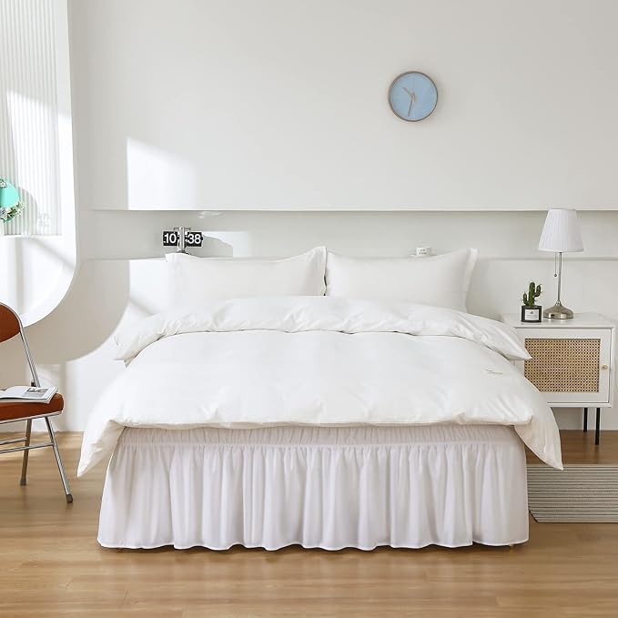 MEILA Wrap Around Bed Skirt Three Fabric Sides Elastic Dust Ruffled 24 Inch Tailored Drop,Easy to Install Fade Resistant-White, Twin/Full