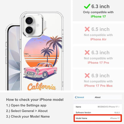 MOSNOVO for iPhone 17 Case, Shockproof Military-Grade Protection 6.6ft Drop Tested, Camera Control, Clear Phone Case for iPhone 17, Cali Cruise Design